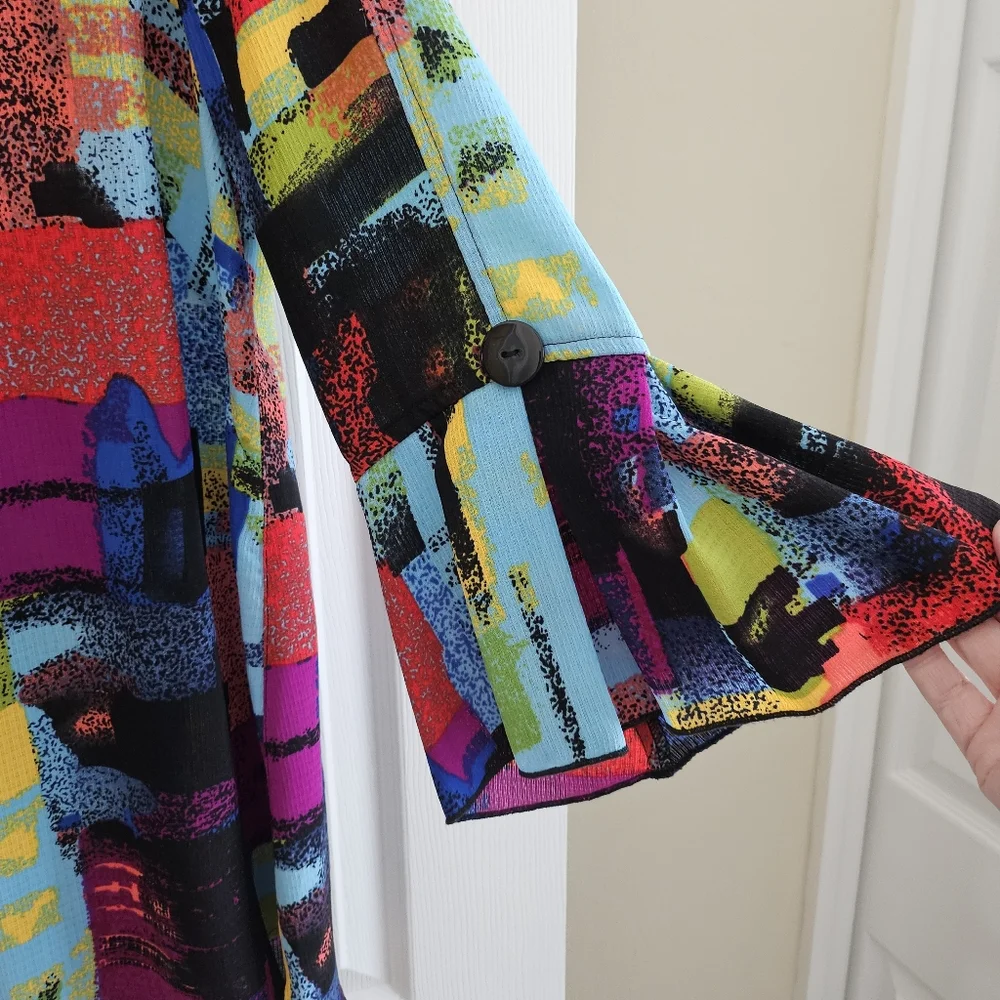 Ali Miles Small Tunic Top multi color bell sleeves pleated designer - Picture 3 of 10